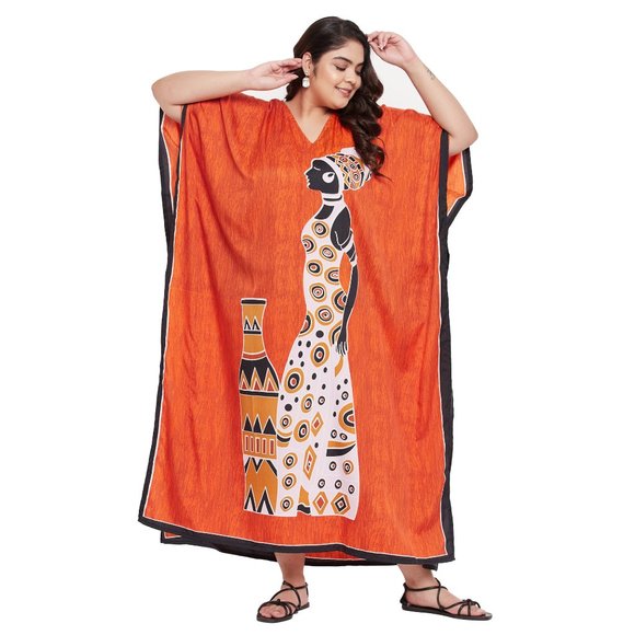 Women Plus Size Polyester Maxi Tribal Printed Orange Kaftan Dress by Gypsie Blu - Picture 4 of 9